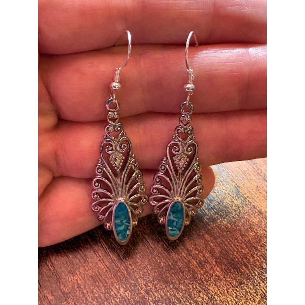Intricate S925 Vintage Filigree Silver and Blue Marble Earrings